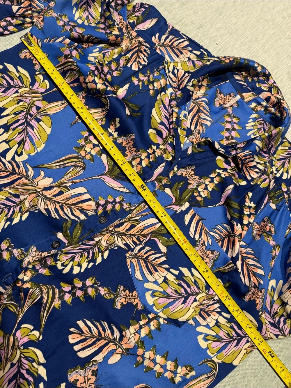 Free People Navy Blue Botanical Satin Button-Down Blouse